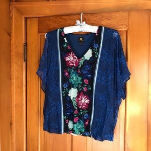 Deep Blue Relaxed Blouse with Floral Design